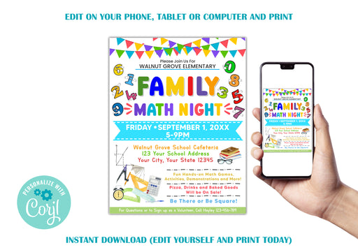 DIY Editable Family Math Night Flyer, Customizable PTO PTA Family School Math Flyer Printable