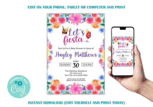 Customizable Lets Fiesta Baby Shower Invitation | Festival Themed Baby Shower Template