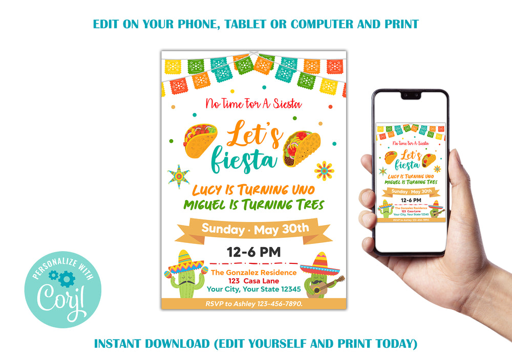 Customizable Joint Fiesta Birthday Invitation | Fiesta Themed Birthday Invite Template