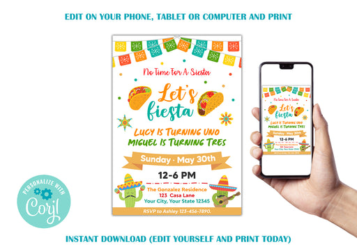 Customizable Joint Fiesta Birthday Invitation | Fiesta Themed Birthday Invite Template