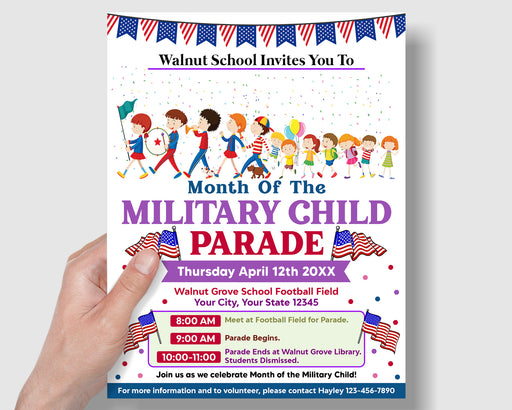 Customizable Month of Military Child Parade Flyer Template | PTO PTA School Event Fundraiser Flyer