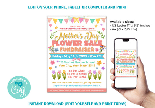 DIY Customizable Mother's Day Flower Fundraiser Flyer | Fundraising Event Template