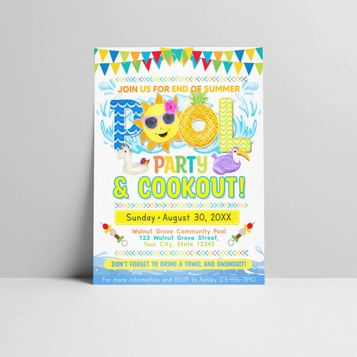 End of Summer Pool Party Invitation Flyer, Back to School Summer Pool Party Sport Theme Invite
