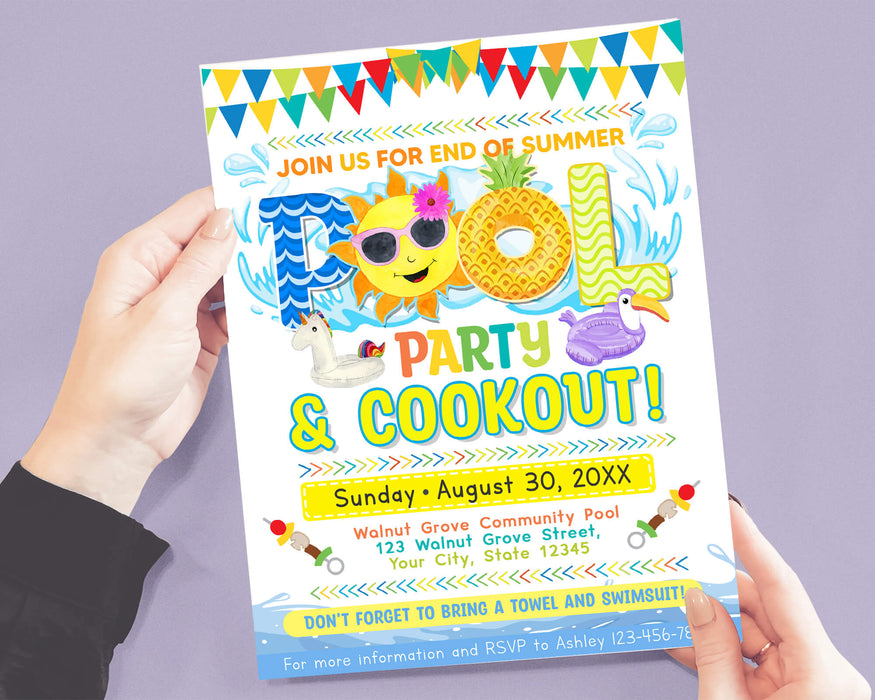 End of Summer Pool Party Invitation Flyer, Back to School Summer Pool Party Sport Theme Invite