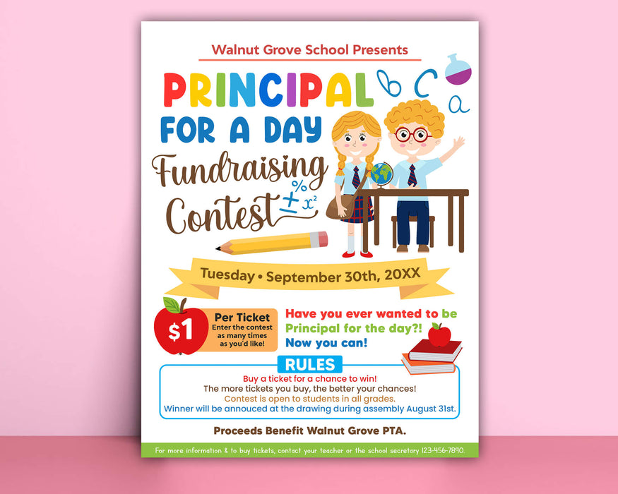 Customizable Principal For A Day Fundraising Contest Flyer Template | PTO PTA School Contest Fundraiser Invitation Flyer
