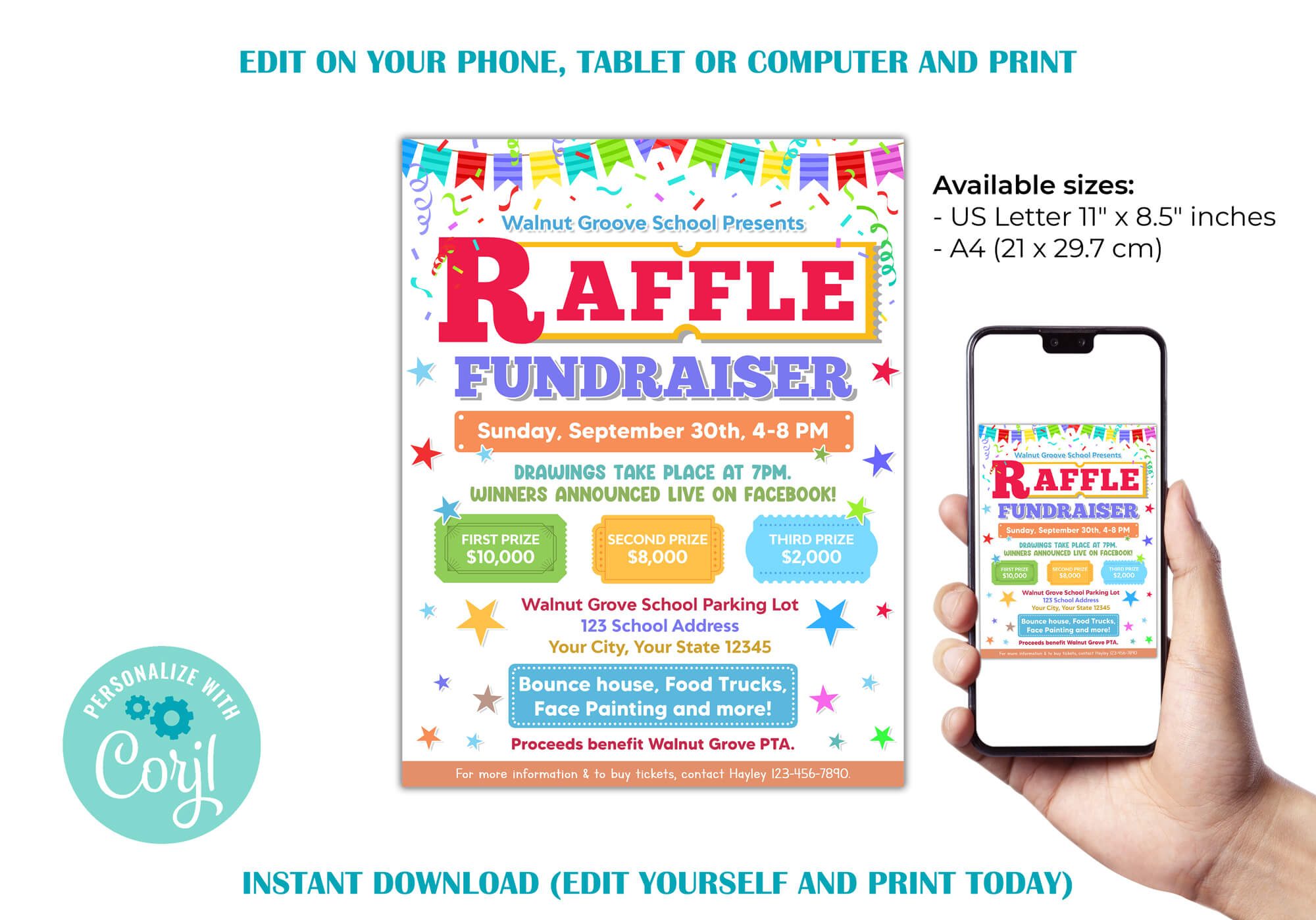 Editable Raffle Fundraiser Invite Flyer Template - Posh Park