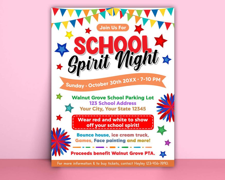 Editable School Spirit Night Flyer | School PTO PTA Fundraising Event Template