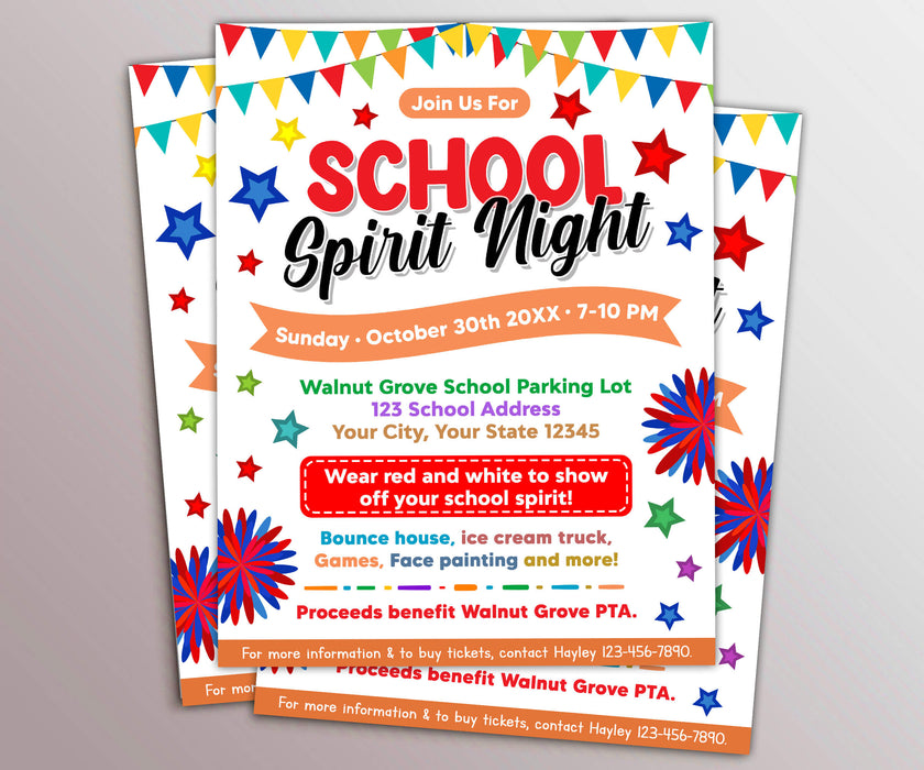 Editable School Spirit Night Flyer | School PTO PTA Fundraising Event Template