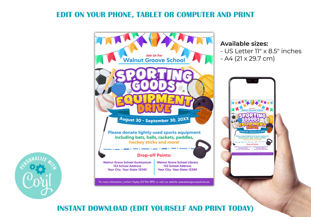 DIY Sporting Goods Equipment Drive | Editable Fundraiser Flyer Template
