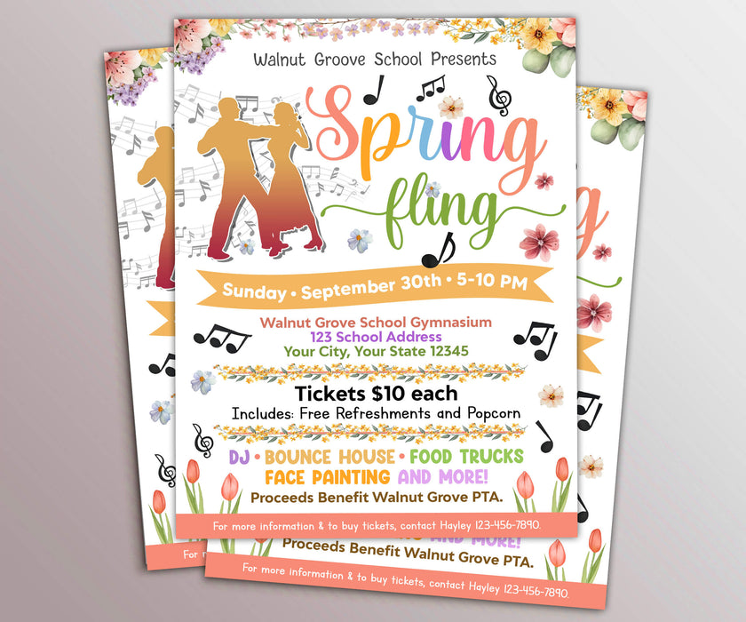 DIY Spring Fling Flyer Template | PTO PTA School Dance Party Fundraiser Invitation Flyer