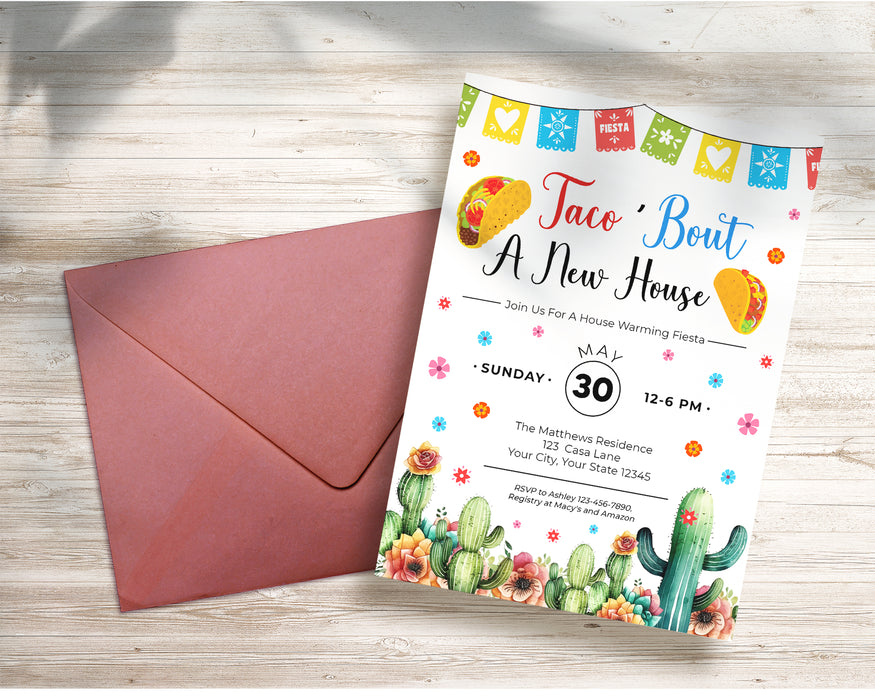 Customizable Taco Bout A New House Invitation | Fiesta Themed House Warming Invite Template
