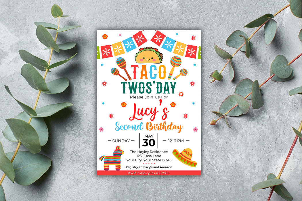 Customizable Taco Twos Day Fiesta Birthday Invitation | 2nd Birthday Festival Themed Invite Template