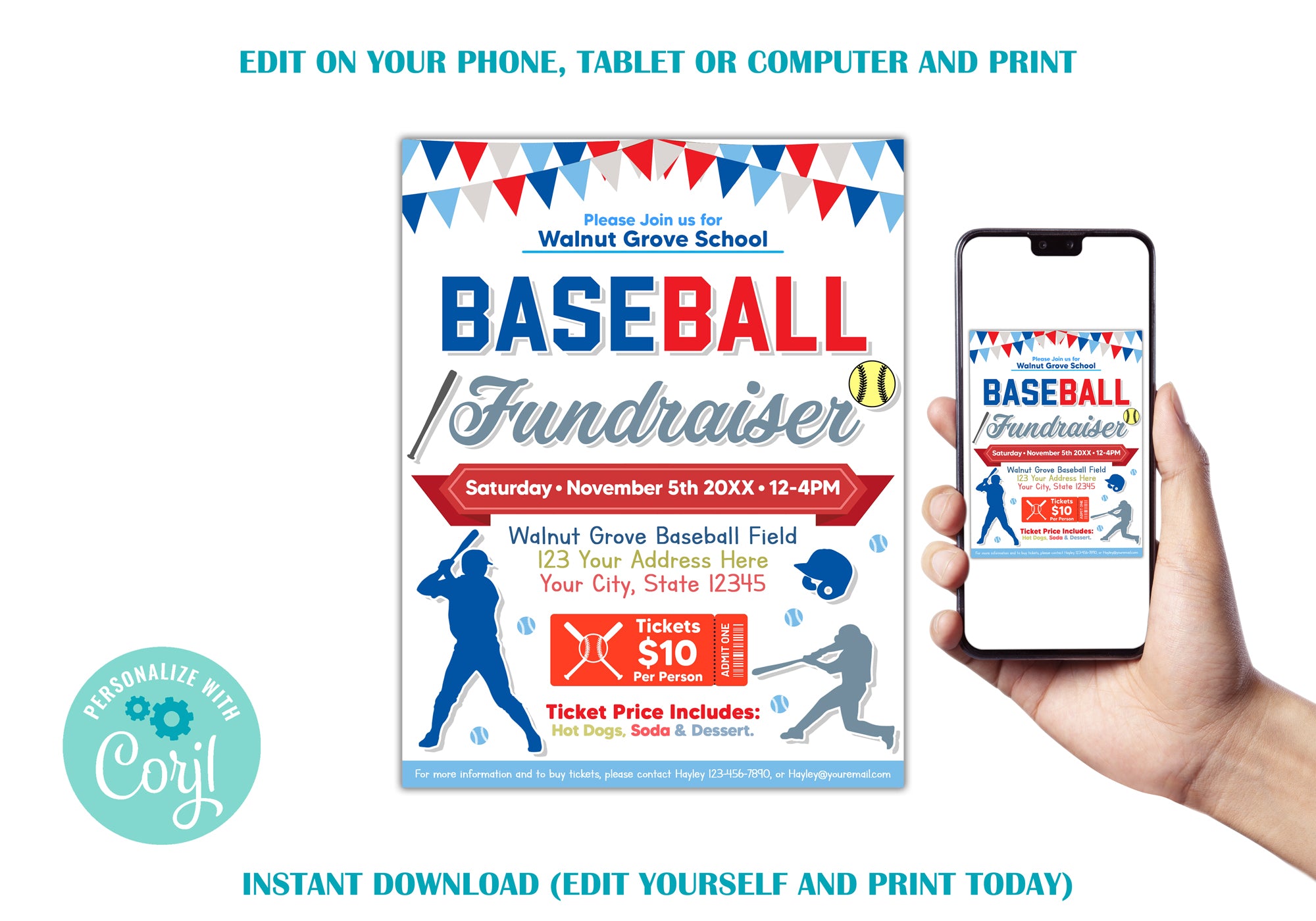 Customizable Baseball Fundraiser Flyer, Editable Fundraiser Event, Bas ...