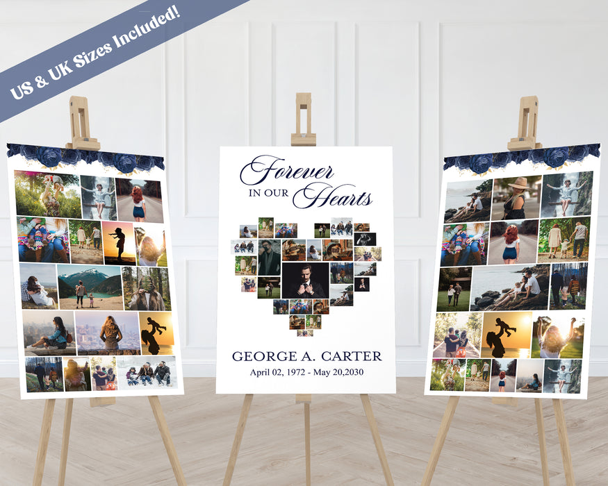 Funeral Poster Photo Display Navy Blue Minimalist Set of 3, Editable Funeral Photo Collage Display Welcome Sign