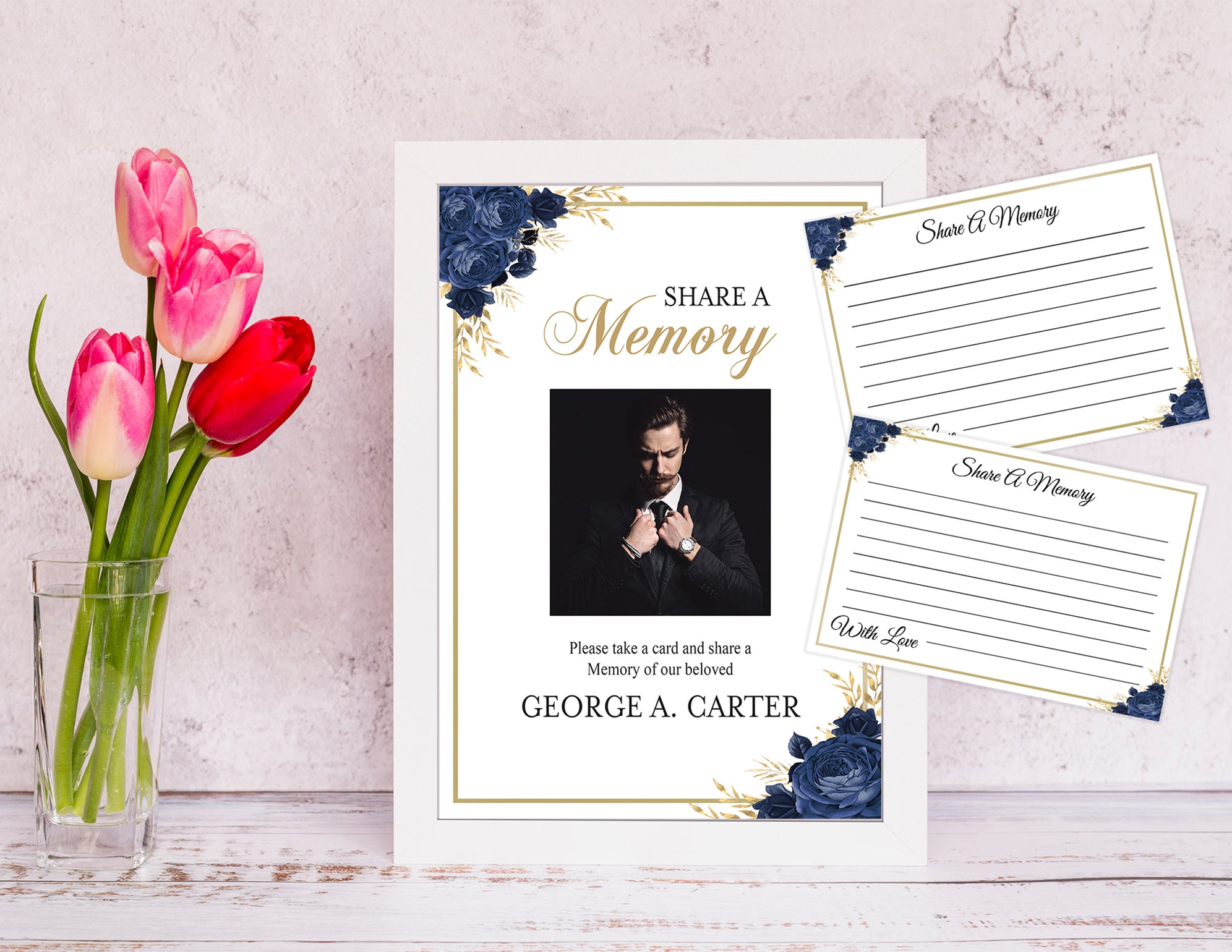 Editable 9+ Piece Navy Blue Rose Funeral Program Template with Picture ...