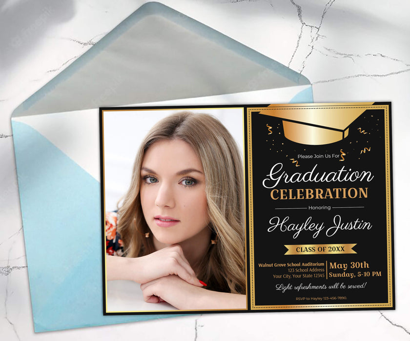 Customizable Modern Graduation Invitation with Photo | Gold and Black Grad Invite Template for Boys and Girls
