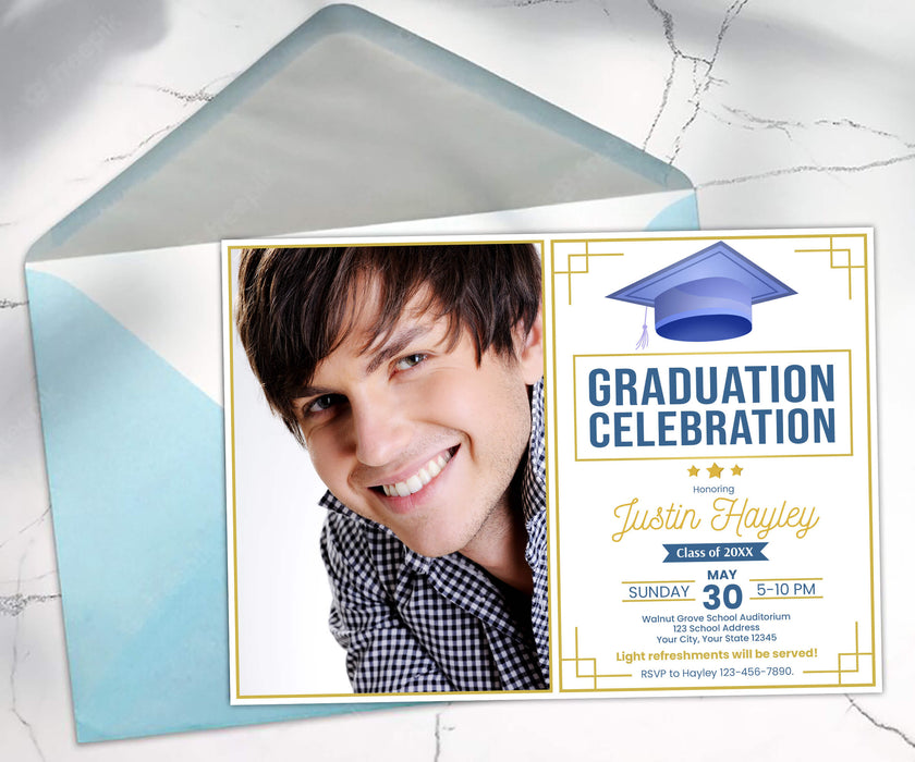 DIY Graduation Invitation with Photo Template | Blue and Beige Grad Invite