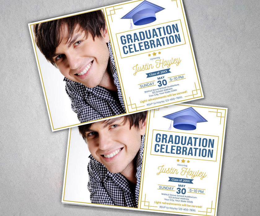 DIY Graduation Invitation with Photo Template | Blue and Beige Grad Invite