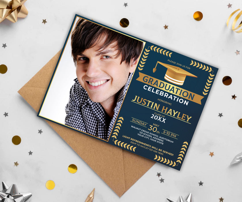 Gold and Blue Graduation Invitation with Photo | Grad Invite Template - Posh Park Gold and Blue Graduation Invitation with Photo | Grad Invite Template - Posh Park