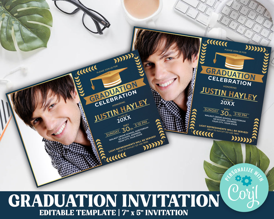 Gold and Blue Graduation Invitation with Photo | Grad Invite Template