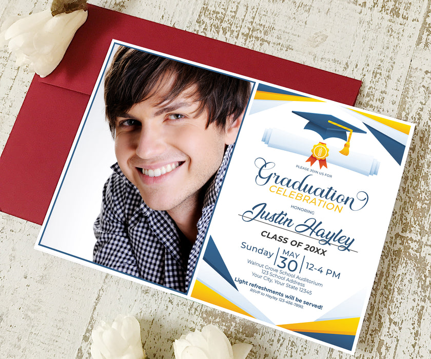 Yellow and Blue Graduation Invitation Template | Graduation Party Invite With Photo