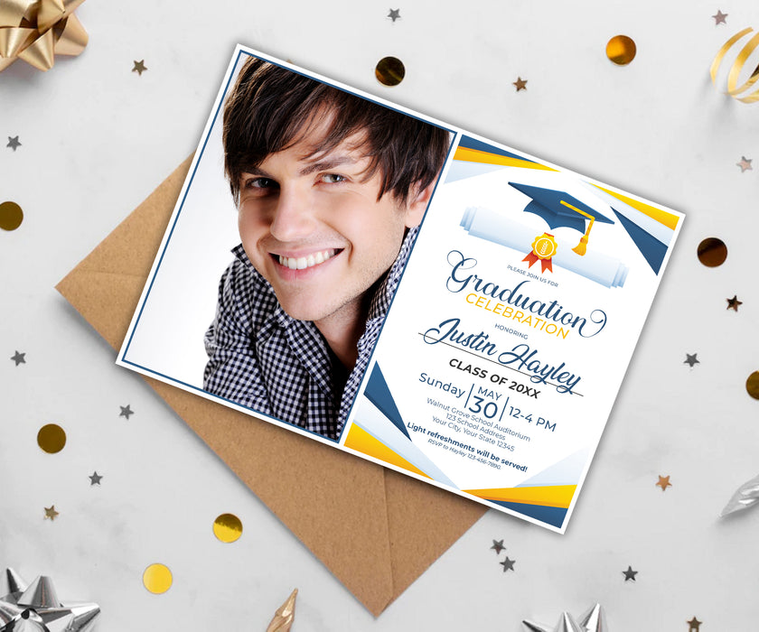 Yellow and Blue Graduation Invitation Template | Graduation Party Invite With Photo