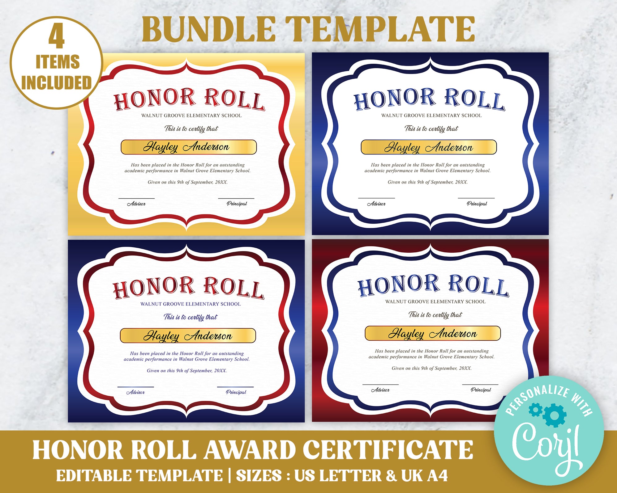 DIY Editable Honor Roll Award Certificate Set of 4 Bundle, Custom Stud ...