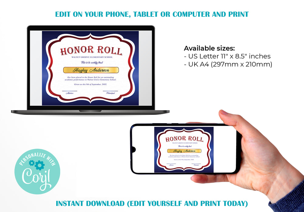 Customizable Red And Blue Honor Roll Award Certificate Template BUNDLE , DIY School Award Certificate