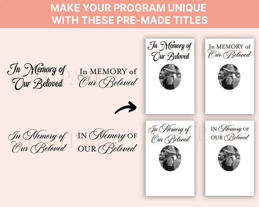 Set of 4 In Memory of Our Beloved  Funeral Program Header | Transparent Pre-made Funeral Word Art Title