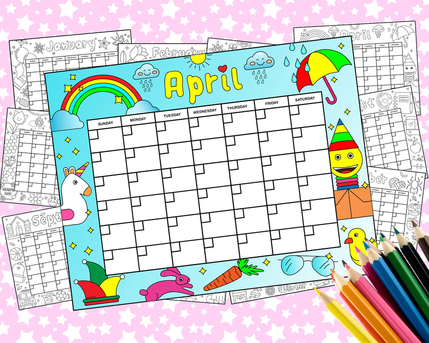 12 Month Kawaii Coloring Calendar for Kids, PDF Cute Kawaii Calendar to Color, Printable Cute Kids Calendar