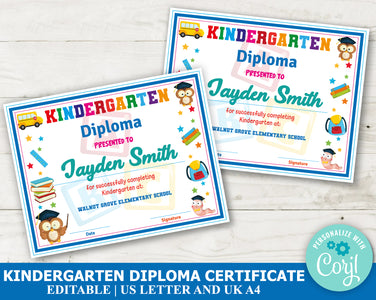 Editable Kindergarten Diploma Certificate, Customizable Kinder Diploma ...