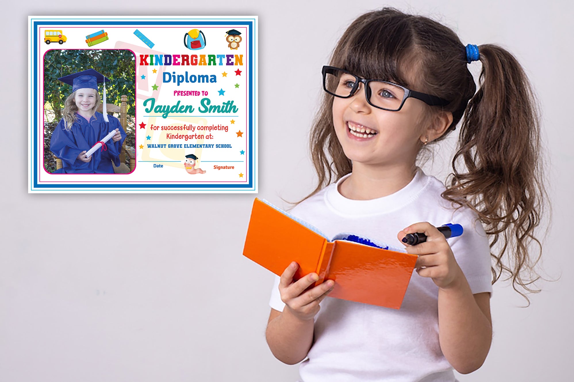 Kindergarten Diploma with Photo Template, Editable Kindergarten Gradua ...