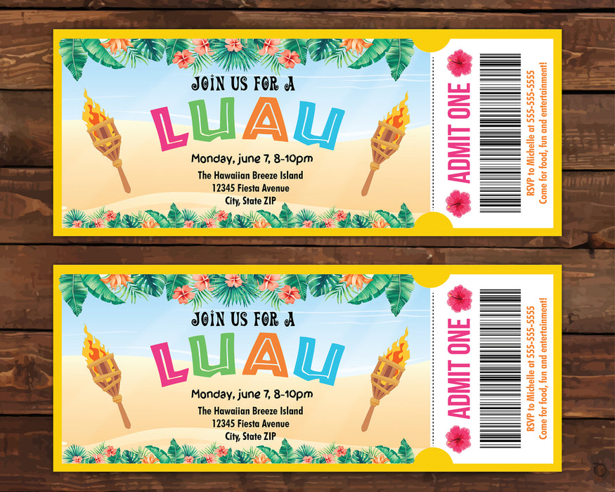 Editable Luau Ticket Invitation Template | Hawaiian Tropical Party Invitation