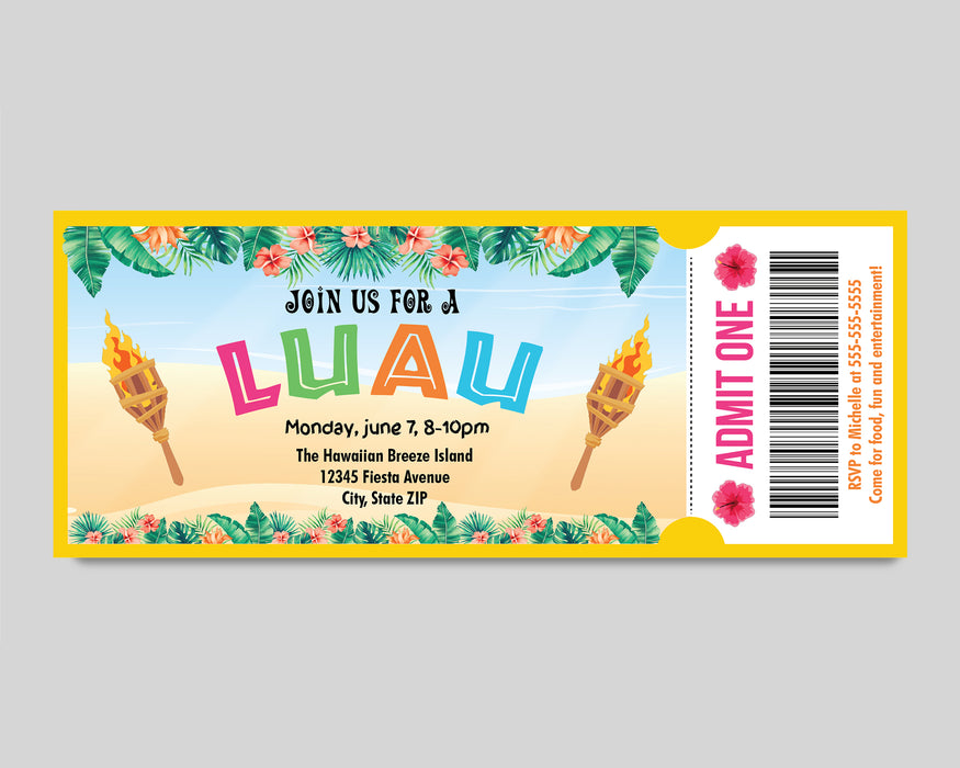 Editable Luau Ticket Invitation Template | Hawaiian Tropical Party Invitation