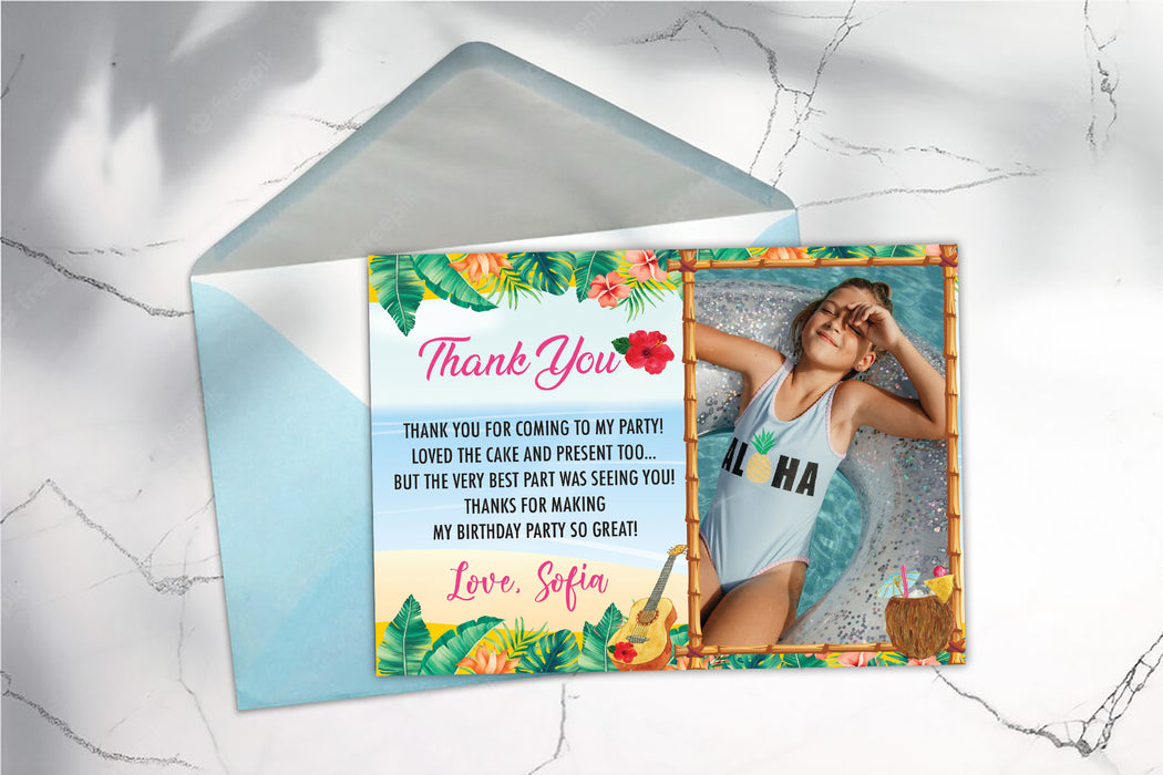 Editable Luau Thank You Card With Photo | Hawaiian Tropical Thank You Notes