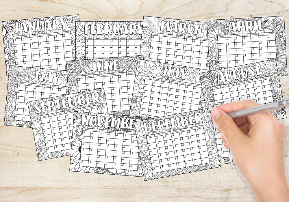 yearly planner  printable calendar  pdf coloring pages  mindfulness coloring  kids coloring pages  kids calendar  illustrated calendar  coloring pages pdf  Coloring Pages Kids  coloring pages  coloring calendar  coloring book pdf  calendar to color  calendar coloring  adult coloring page  adult coloring book  Adult coloring