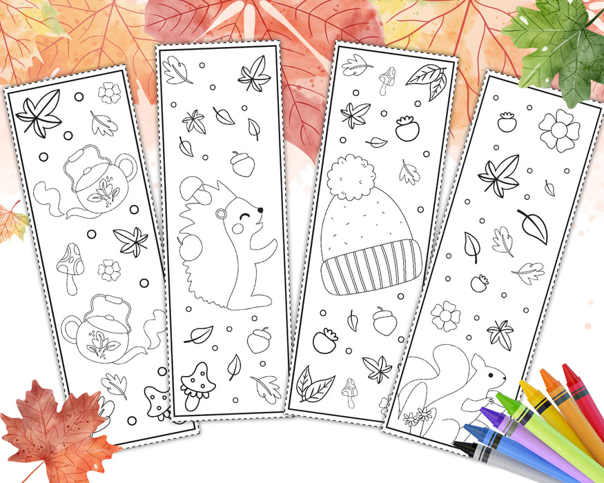 Printable Autumn Color Your Own Bookmarks, PDF Fall Coloring Bookmark, Autumn Coloring Bookmark