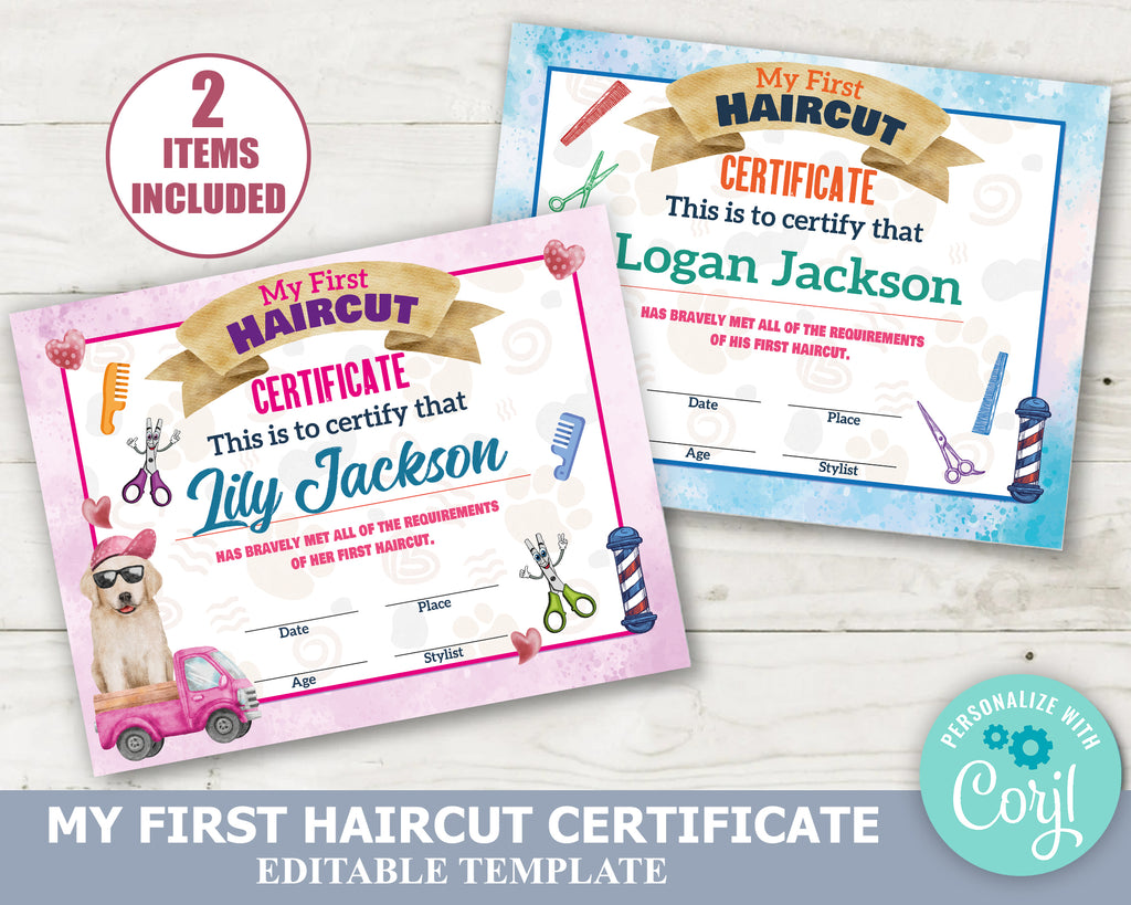 DIY First Haircut Certificate Download Bundle, Editable Boys and Girls — Posh Park for My First Haircut Certificate Free Printable