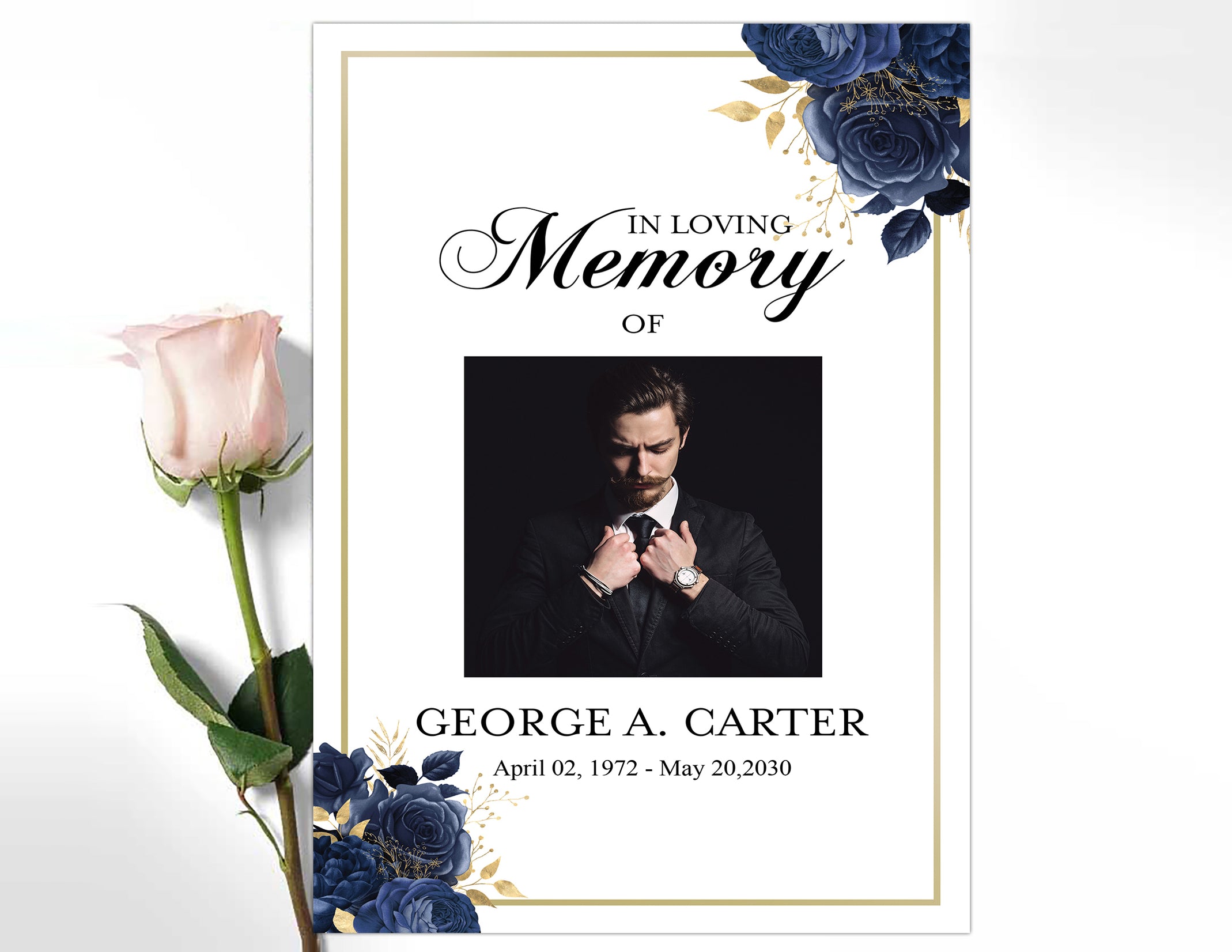 Editable 9+ Piece Navy Blue Rose Funeral Program Template with Picture ...