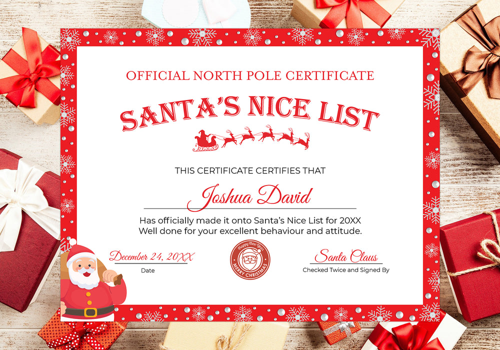 Custom Christmas Certificate Template, DIY Santa Custom Certificate, Red White Christmas Nice List Certificate