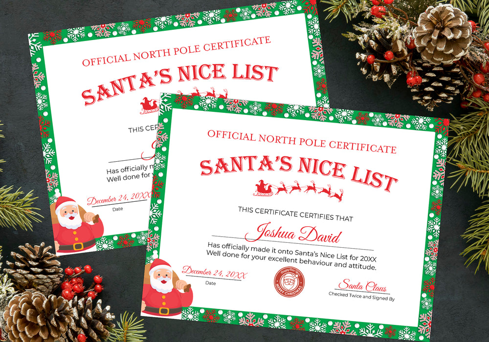 Festive Green Christmas Nice List Certificate, Editable Christmas Certificate Template, Custom Santa Claus Letter Nice List