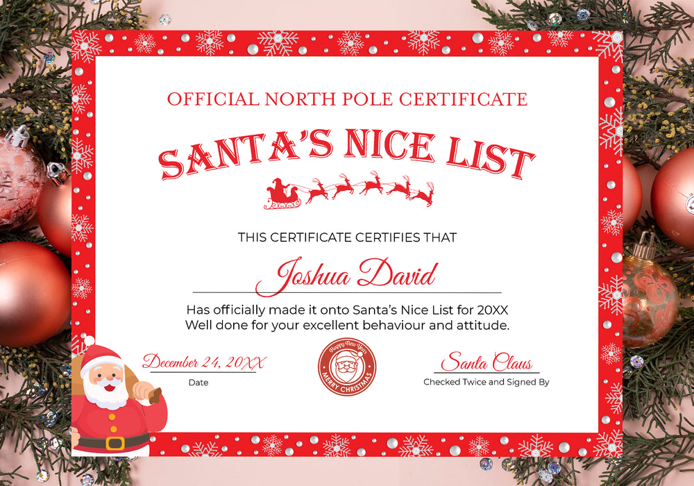 Custom Christmas Certificate Template, DIY Santa Custom Certificate, Red White Christmas Nice List Certificate