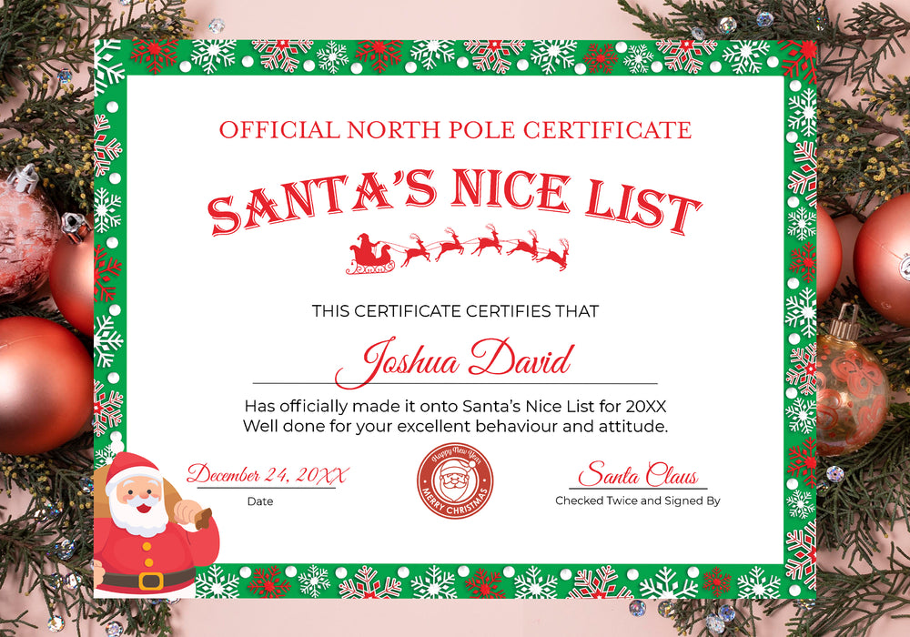 Festive Green Christmas Nice List Certificate, Editable Christmas Certificate Template, Custom Santa Claus Letter Nice List