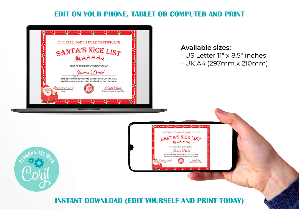 Festive Red Christmas Certificate, Santa Claus Letter to Kids, Cute Nice List Certificate, Editable Santa Certificate