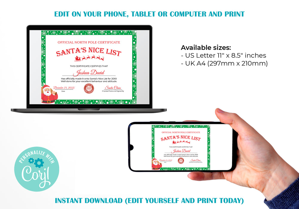 Cute Green Santa Printable for Kids, Nice List Santa Template, Santa Certificate, Christmas Nice List Certificate