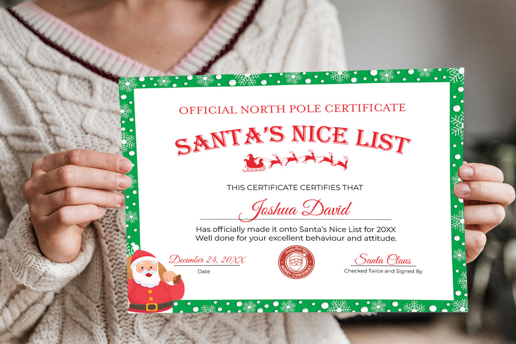 Cute Green Santa Printable for Kids, Nice List Santa Template, Santa Certificate, Christmas Nice List Certificate