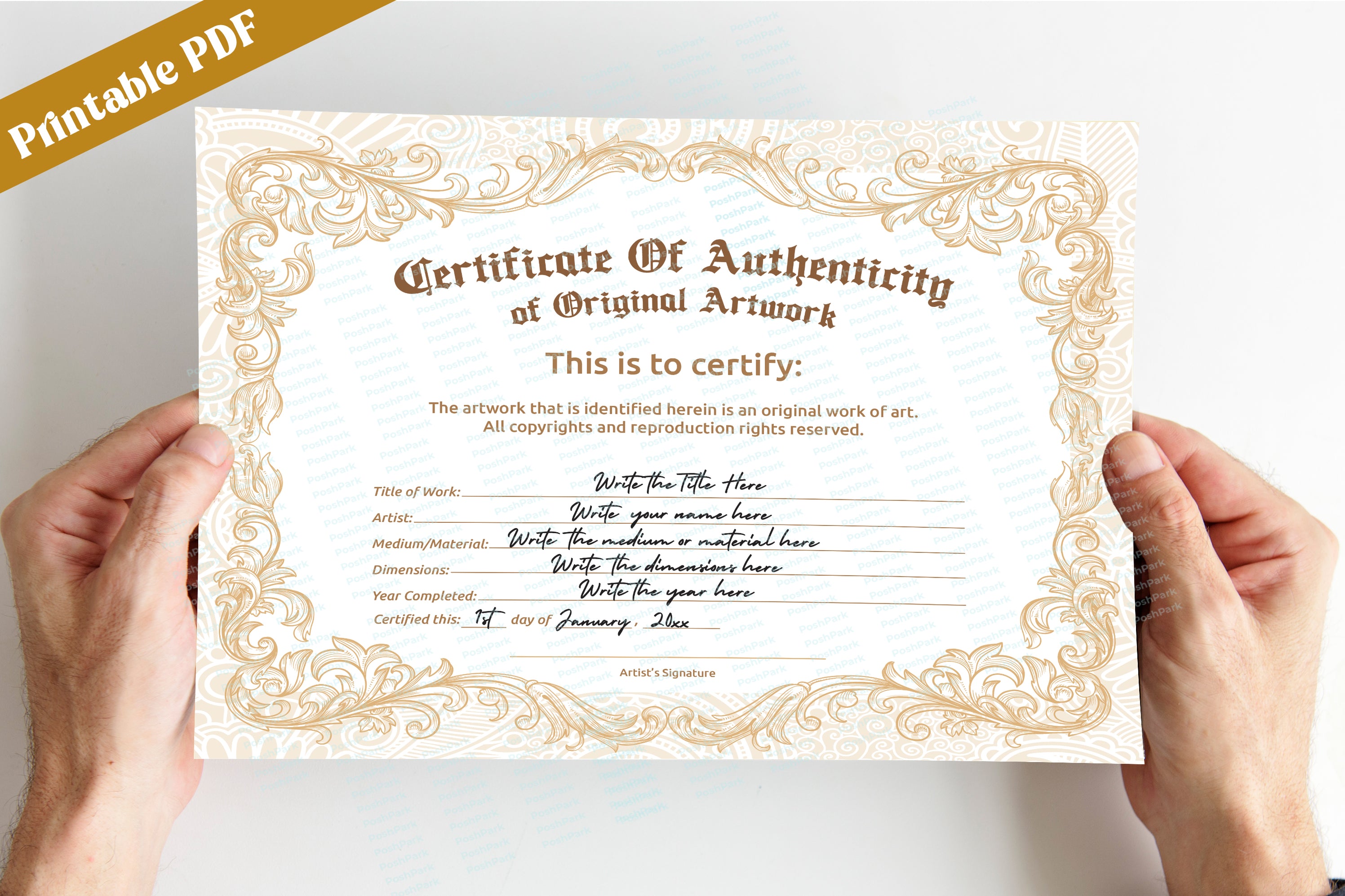 Printable DIY Certificate of Authenticity for Artwork, Blank PDF Authe ...