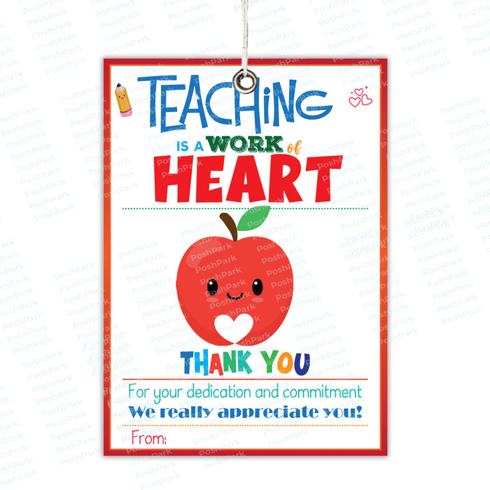 Teaching is a Work of Heart Printable Gift Tag, Teacher Gift, Valentine's  Day, Teacher Appreciation, End of the Year Gift, Just Add Confetti 