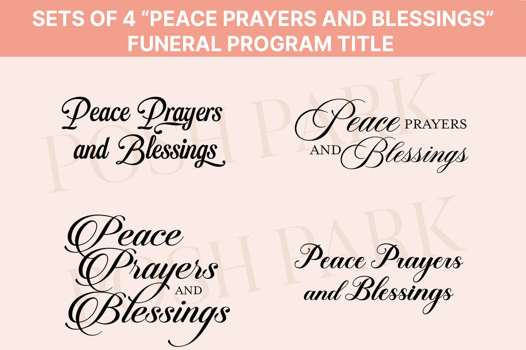 Sets of 4 Peace Prayers and Blessing Funeral Program Word Art Titles | Transparent Pre-made Funeral Header