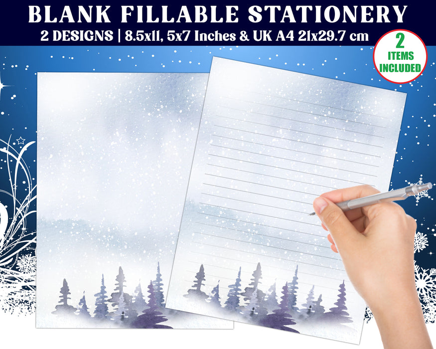 Printable Watercolor Pine Trees Winter Stationery